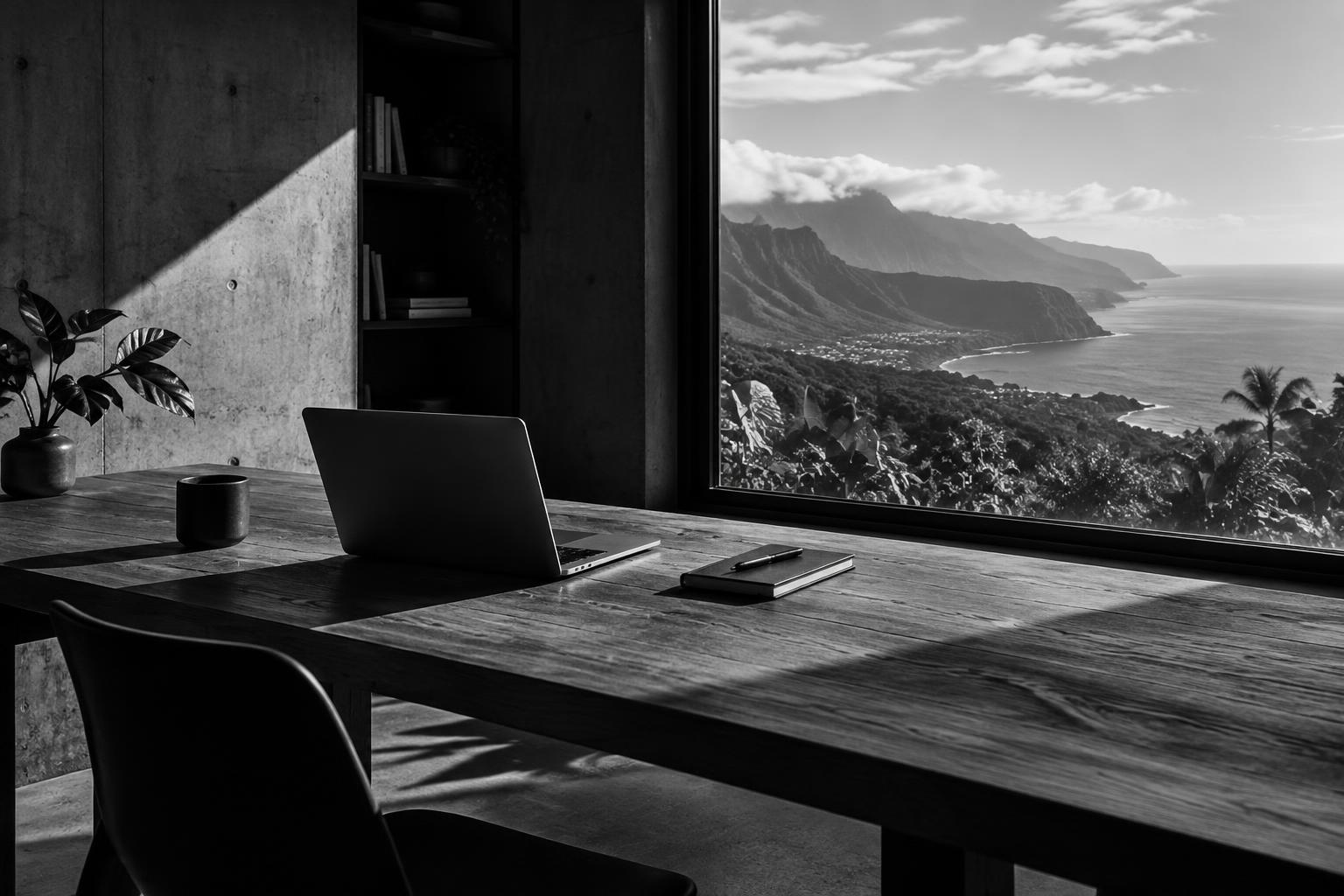Espace de travail sombre face aux reliefs de La Réunion